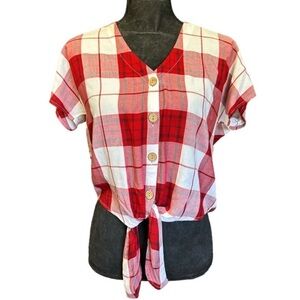 NWT Universal Thread‎ Red & White Plaid Tie Front Button-Up V-Neck  Women's XS